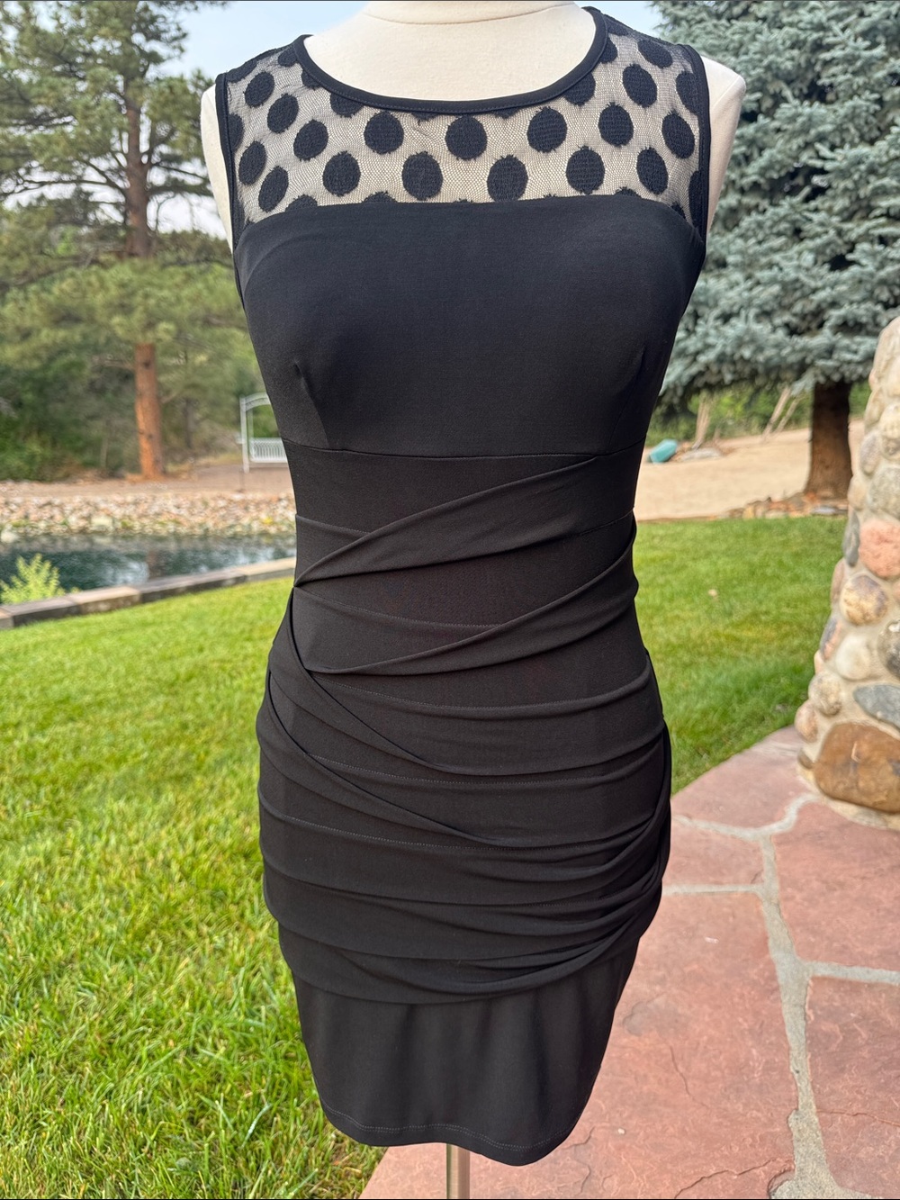 Enfocus Studio Black Stretchy Dress with Polka Dot Mesh Detail